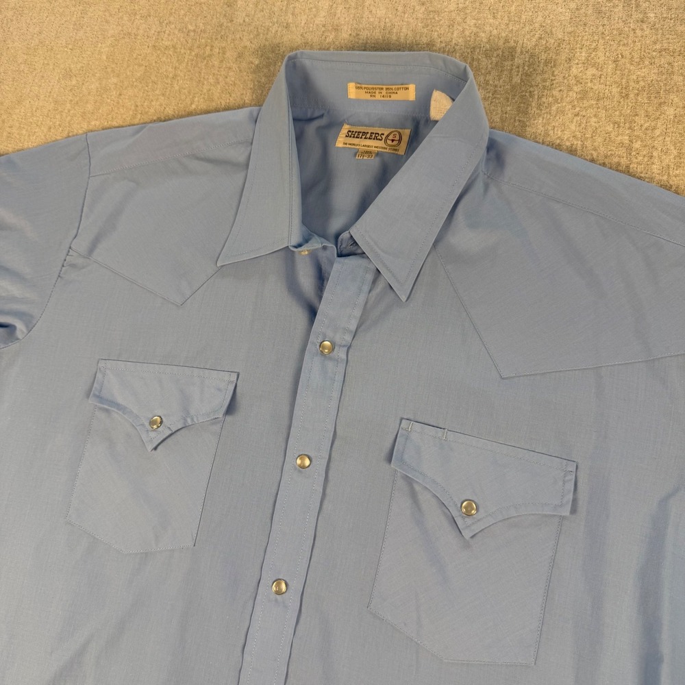 Sheplers Western Shirt Men 17.5-33 Blue Pearl Snap Long Sleeve Yoke Pockets